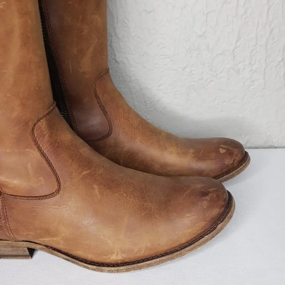 Frye Melissa Size 7B Button Inside Zip Tall Leather Boots Cognac Distressed